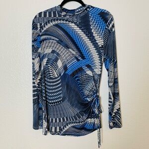 Allum Blue Geometric Top Medium Long Sleeve Ruched Key Hole Side Detail Body Con